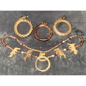 Vintage Hand Carved Wood African Safari Animal Jewelry Set Necklace & 3 Bangles